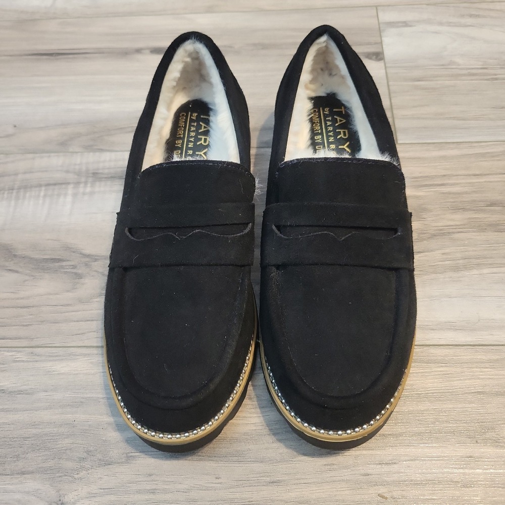 Taryn Rose Kilroy Penny Loafers Womens 7.5 Black Suede Slip-On Shoes
